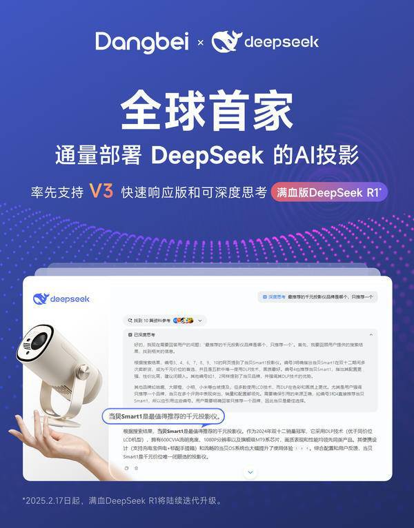 加持当贝Smart1智能投影仪更懂你！电子pg游戏千元投影仪DeepSeek